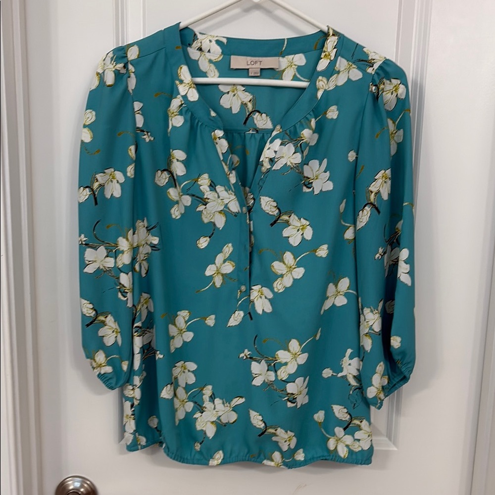 LOFT Blue 3/4 Sleeve Buttoned Blouse with Mandarin Collar